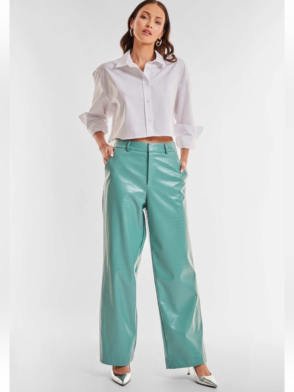 New The Noli Shop Croc Faux Leather Wide-Leg Pants Dark Sage Green NWT Women’s 6